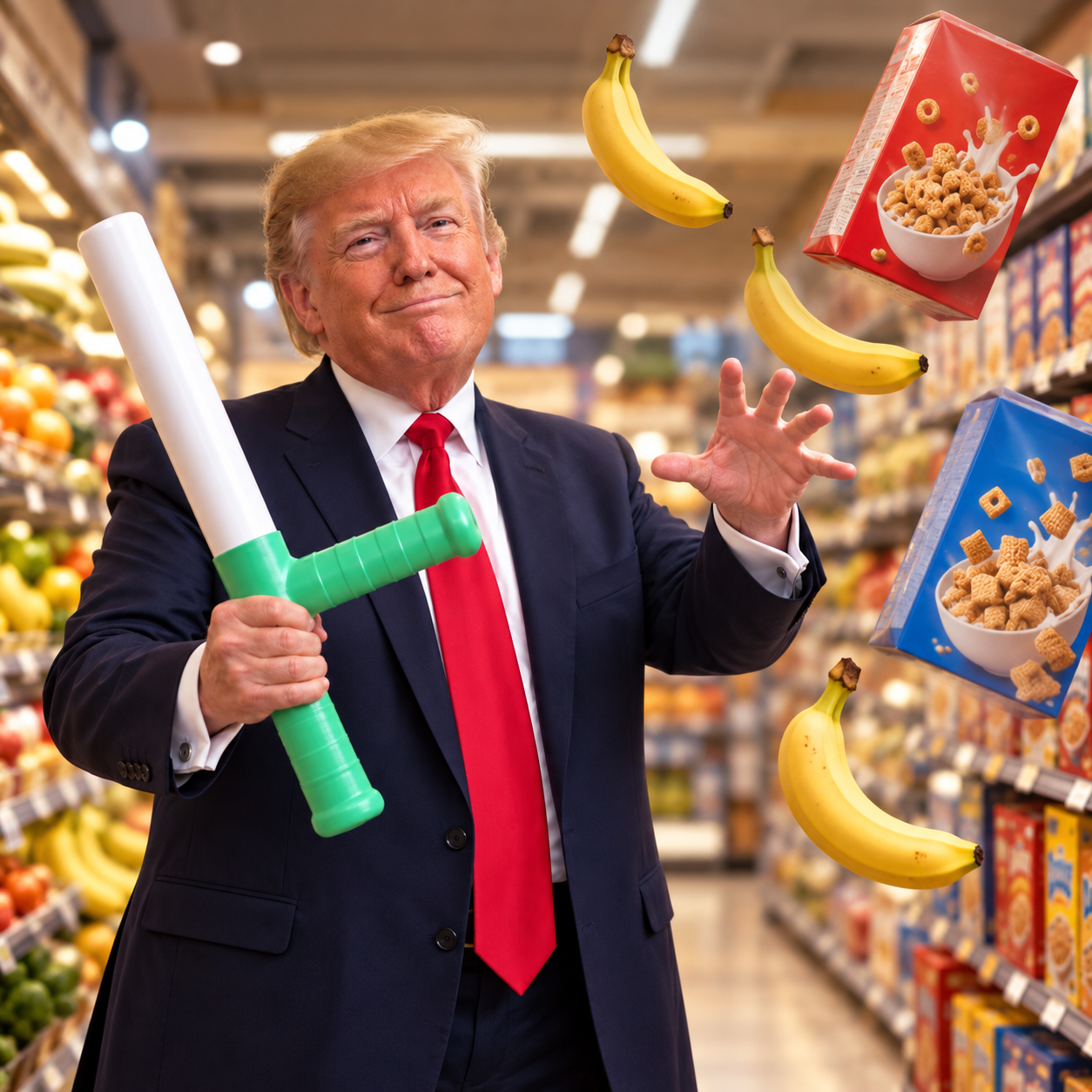 Trump holding a green baton in a grocery store with floating bananas and cereal boxes