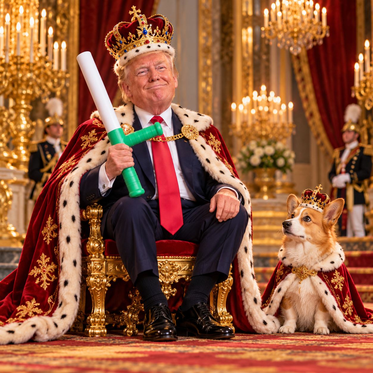 Trump holding a green baton on a golden throne beside a crowned corgi