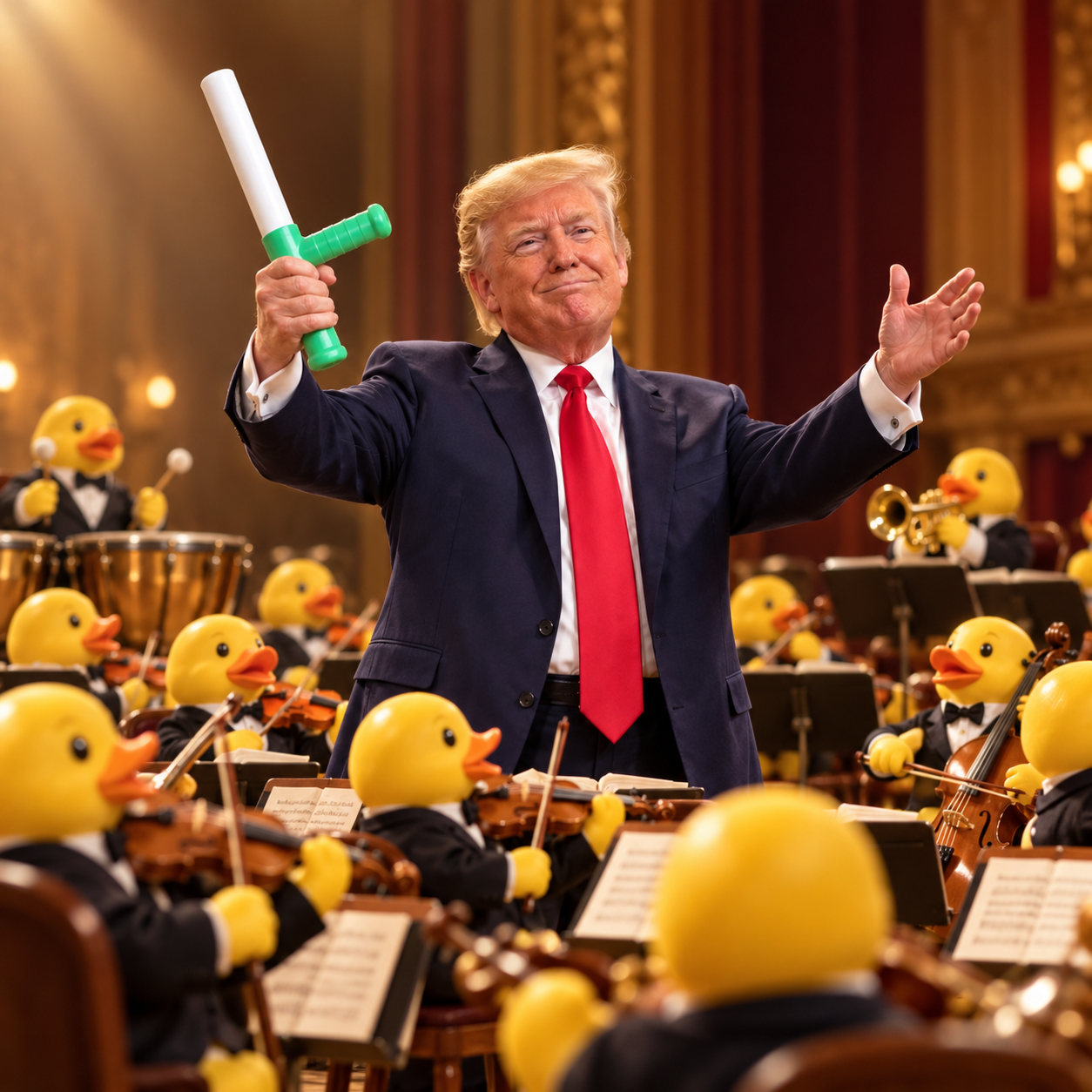 Trump conducting an orchestra of rubber ducks with a green baton